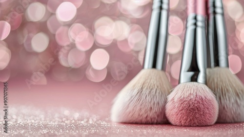 Makeup Brushes on Pink Background With Decorative Pearls
