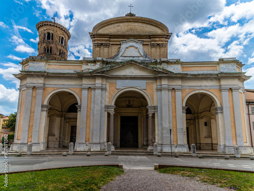 A frontal view of the Cathedral of the Resurrection of Jesus Christ in Ravenna  Italy in summertime
