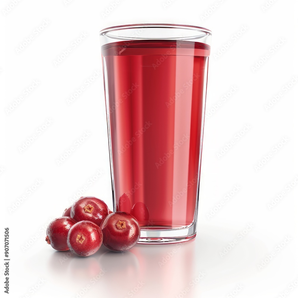 Medium shot of Cranberry juice in a glass near the Cranberry, isolated on a white background, 