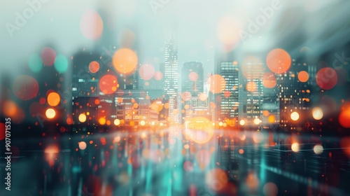 Cityscape at Night With Reflections and Colorful Lights in Rainy Atmosphere