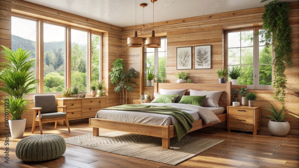Obraz premium Cozy Wooden Bedroom with Green Accents and Natural Light, bedroom, interior, design, home decor