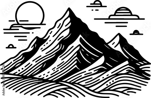 Mountain black outline vector illustration. Tourism concept.