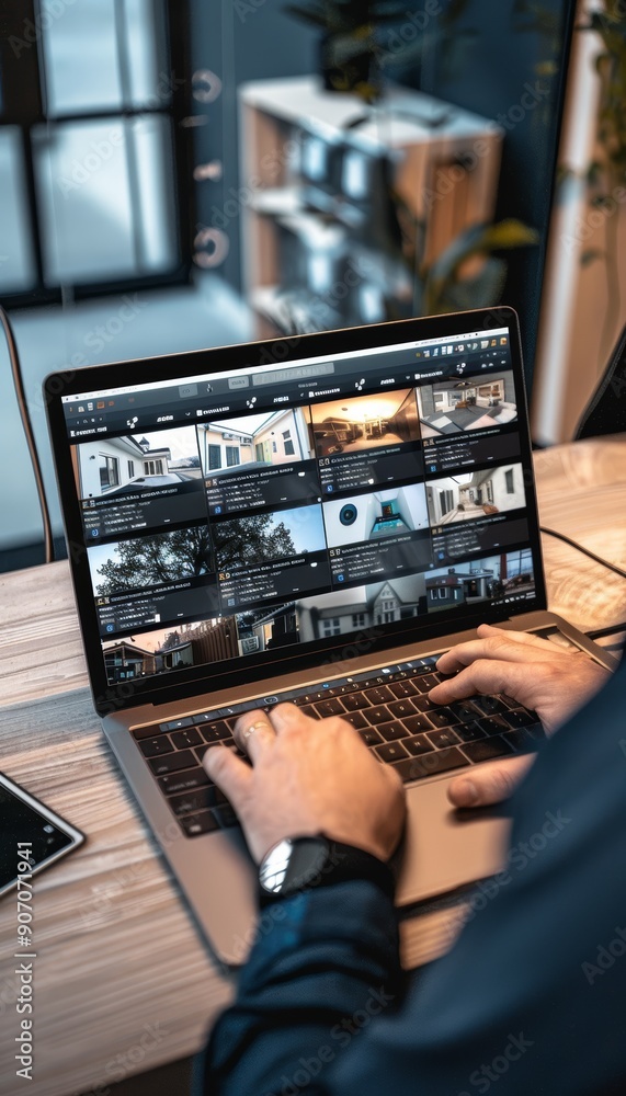 Home Security Review on Laptop in Modern Home Office Setting for Monitoring and Surveillance Home Security Review on Laptop in Modern Home Office Setting for Monitoring and Surveillance