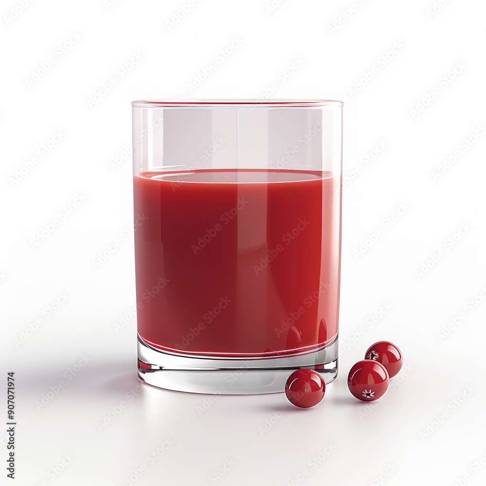 Medium shot of Cranberry juice in a glass near the Cranberry, isolated on a white background, 