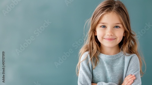 Young Girl Smiling With Arms Crossed Against Gray Background