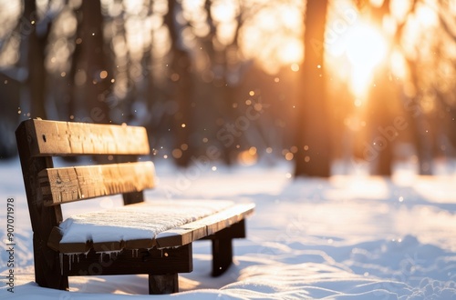 Snow Covered Bench in Winter Forest as Sun Sets