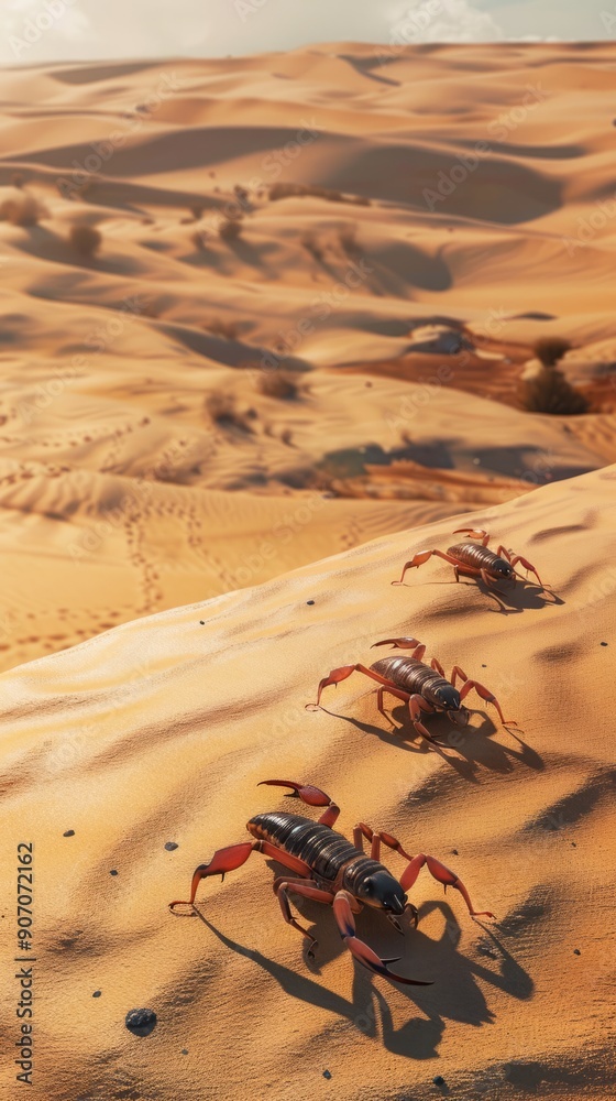 Obraz premium Desert landscape with scorpions and beetles navigating sandy dunes