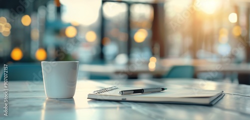 Modern Workspace With Notebook And Coffee Cup At Sunset In Urban Cafe