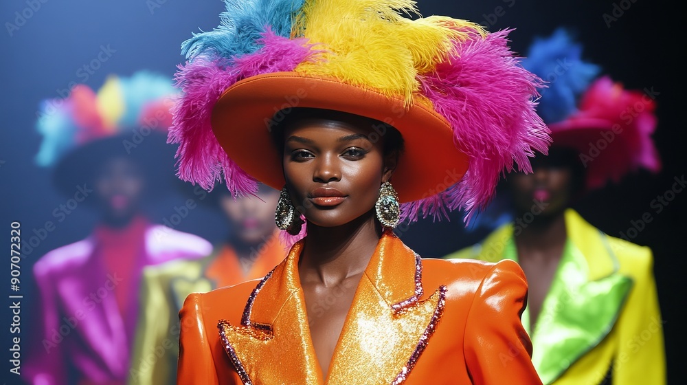 Vibrant Fashion Show Featuring Models in Colorful Hats on Runway Vibrant Fashion Show Featuring Models in Colorful Hats on Runway