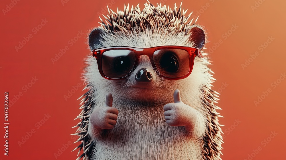 Happy Hedgehog Wearing Sunglasses Giving Thumbs Up With Orange Background Happy Hedgehog Wearing Sunglasses Giving Thumbs Up With Orange Background