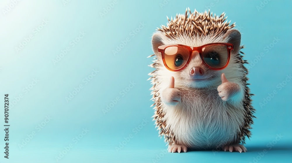 Obraz premium Hedgehog Wearing Glasses Gives Thumbs Up Against Light Blue Background