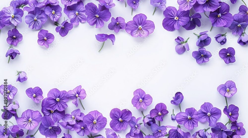 Purple violet flowers on white background with space for text flat lay top view for text or lettering Purple violet flowers on white background with space for text flat lay top view for text or lettering