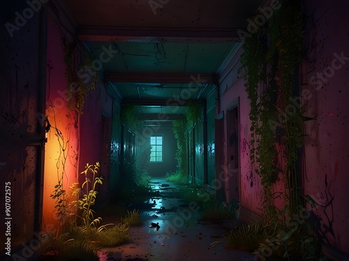 Dilapidated  light-starved interior of abandoned industrial ruin showcases crumbling stone walls  haunting corridors  and forgotten architectural details