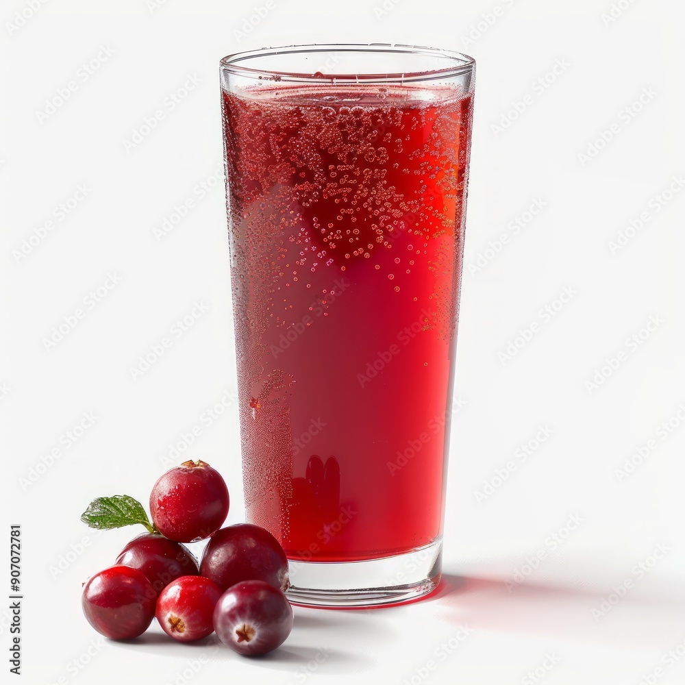 Medium shot of Cranberry juice in a glass near the Cranberry, isolated on a white background, Medium shot of Cranberry juice in a glass near the Cranberry, isolated on a white background,