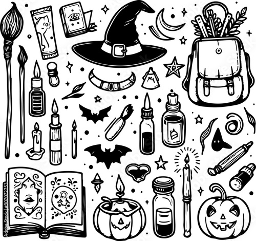 Witchcraft elements black outline doodle vector illustration