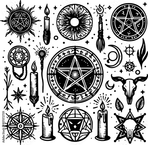 Witchcraft elements black outline doodle vector illustration