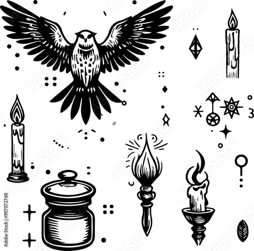 Witchcraft elements black outline doodle vector illustration