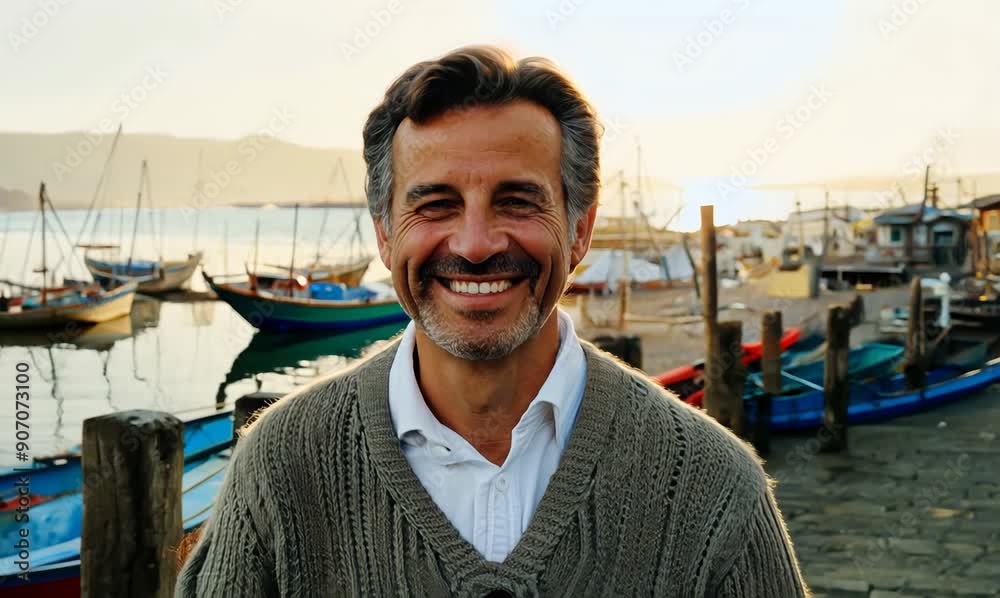 Medium shot portrait video of a pleased man in his 40s that is wearing a chic cardigan against a fishing village or dock background Medium shot portrait video of a pleased man in his 40s that is wearing a chic cardigan against a fishing village or dock background