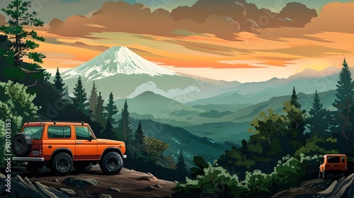 An orange Jeep navigates rough terrain with the majestic Mount Fuji towering in the background. The scene captures the spirit of adventure and the beauty of nature.