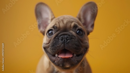 Happy puppy dog smiling on isolated yellow background.