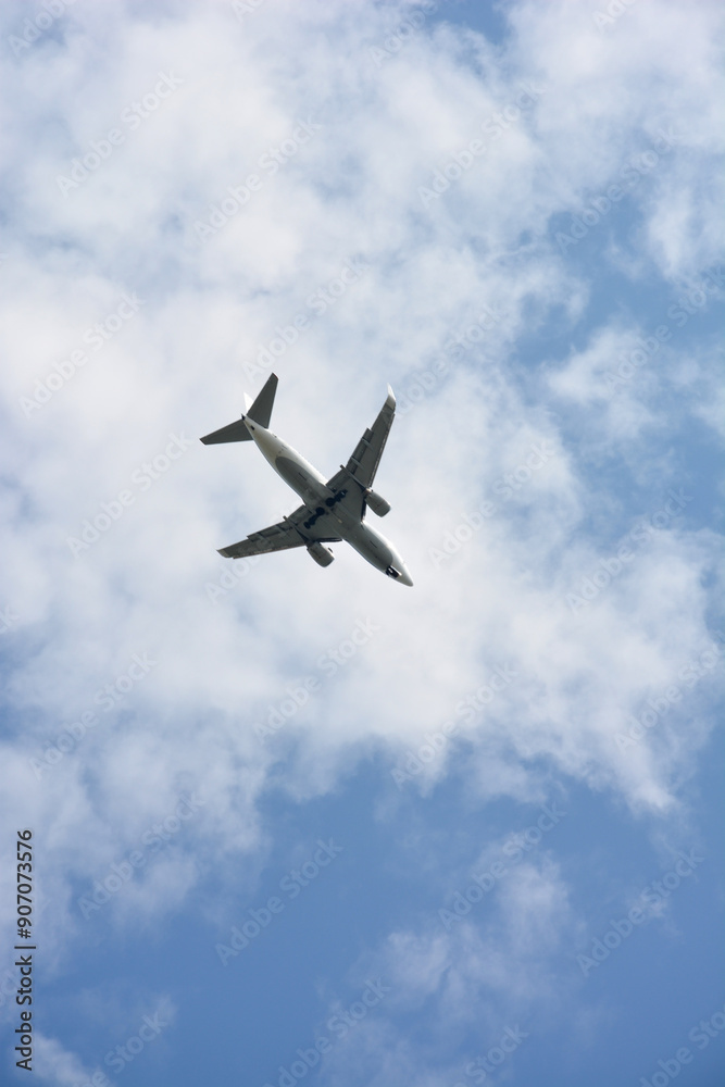 Fototapeta premium A passenger plane flies high in the blue sky with light clouds.