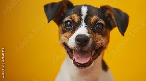 Happy puppy dog smiling on isolated yellow background.