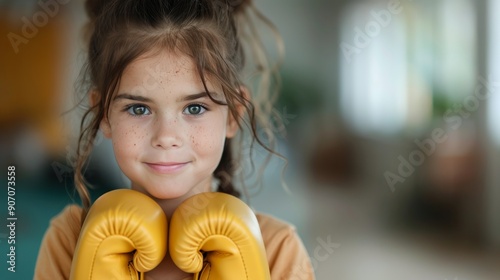 Young Girl Wearing Yellow Boxing Gloves at Training Session
