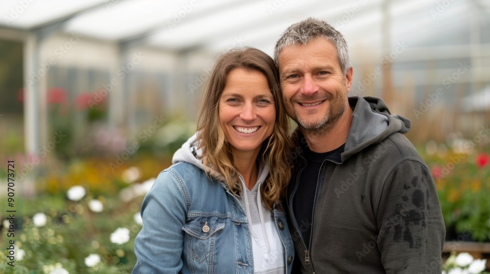 Smiling Couple Posing Together at a Garden Center in Springtime Smiling Couple Posing Together at a Garden Center in Springtime