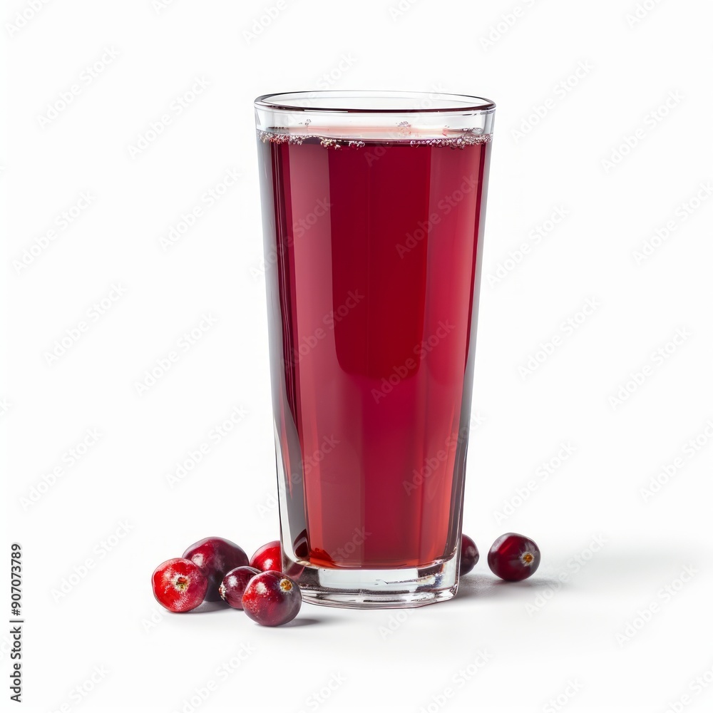 Medium shot of Cranberry juice in a glass near the Cranberry, isolated on a white background, Medium shot of Cranberry juice in a glass near the Cranberry, isolated on a white background,