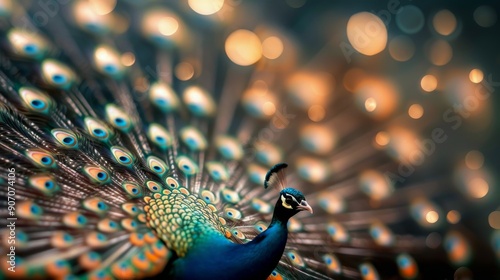 Close-Up of Colorful Peacock Feathers With Water Droplets in Soft Light