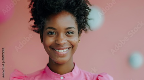 Smiling Woman in Pink Top Against a Soft Pink Background