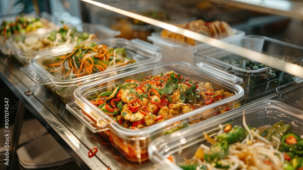 Some appetizers are prepared in plastic containers in a restaurant. generative AI Some appetizers are prepared in plastic containers in a restaurant. generative AI