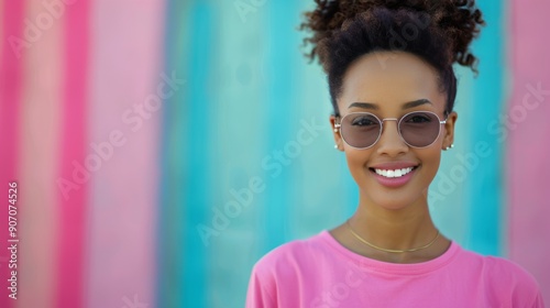 Smiling Woman in Pink Top Against a Soft Pink Background