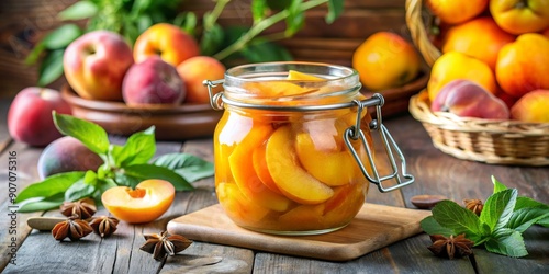 Jar of Peach Preserves with Star Anise and Mint, Peach Preserves, Star Anise, Preserves, Canning