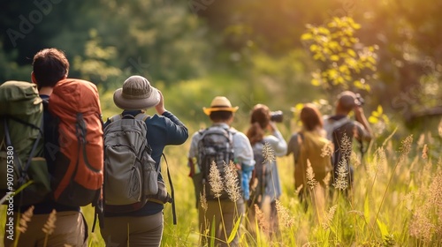 A group of birdwatchers identifying different species of birds