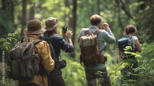 A group of birdwatchers identifying different species of birds