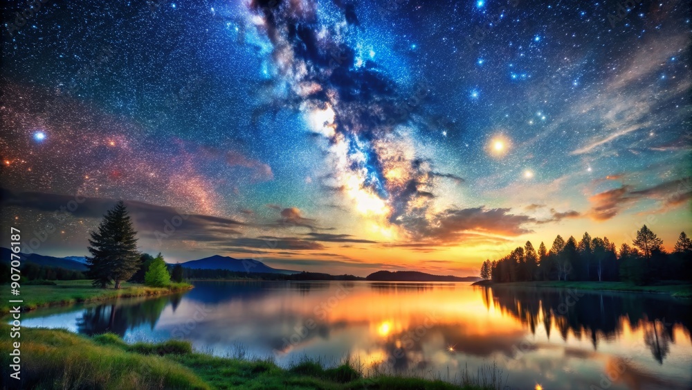 Milky Way Reflection Over a Tranquil Lake, Digital Art, Night Sky, Galaxy, Water, Landscape, Nature Milky Way Reflection Over a Tranquil Lake, Digital Art, Night Sky, Galaxy, Water, Landscape, Nature