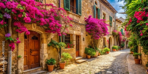 Mediterranean Village Alleyway with Vibrant Bougainvillea, Digital Painting, Cobblestone Street, Flower Blooms, Stone Buildings, Sunny Day, Mediterranean