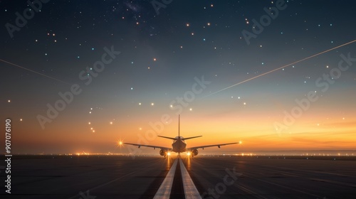 Airplane Preparing for Takeoff at Sunset on a Clear Evening