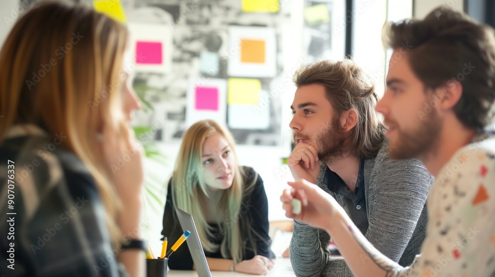 A group of young people discussing ideas during a brainstorming A group of young people discussing ideas during a brainstorming