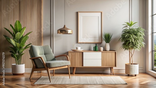 Minimalist Living Room Interior with Wooden Cabinet and Green Armchair  3D Illustration  Interior Design  Living Room Decor  Home Design