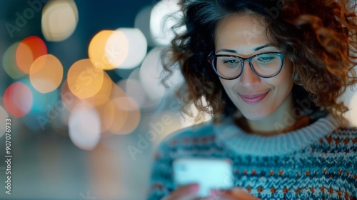 Woman Texting on Smartphone in Cozy Sweater During Evening