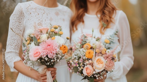 Two Women Holding Colorful Flower Bouquets in Bright Dresses