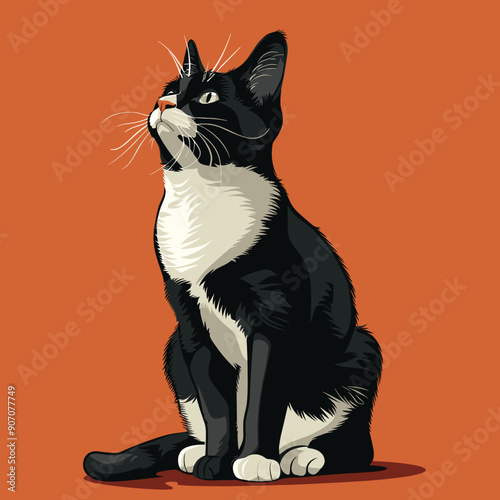 Black white tuxedo cat sits, looking upward, orange background. Detailed fur, whiskers, bright eyes, pet illustration. Domestic feline, attentive pose, animal graphic