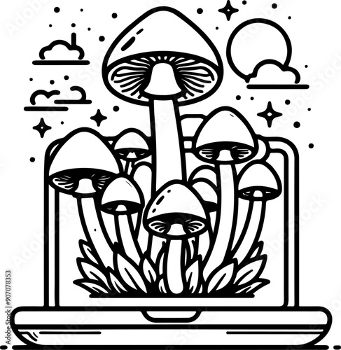 Mushrooms black outline vector illustration.
