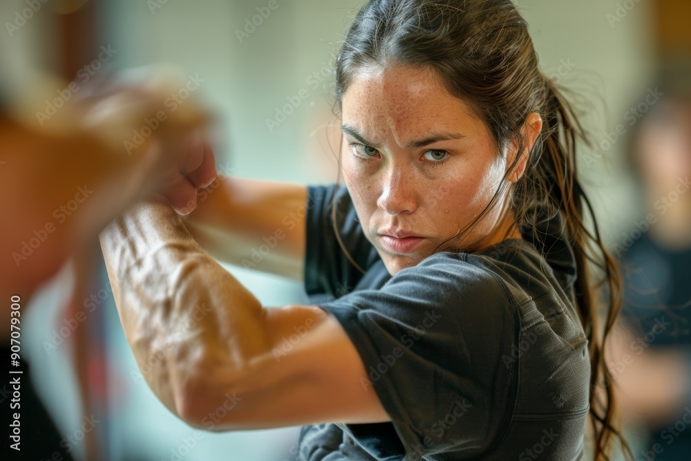 Woman Learning Self-Defense Moves in Class with Instructor Guidance and Determined Focus Woman Learning Self-Defense Moves in Class with Instructor Guidance and Determined Focus