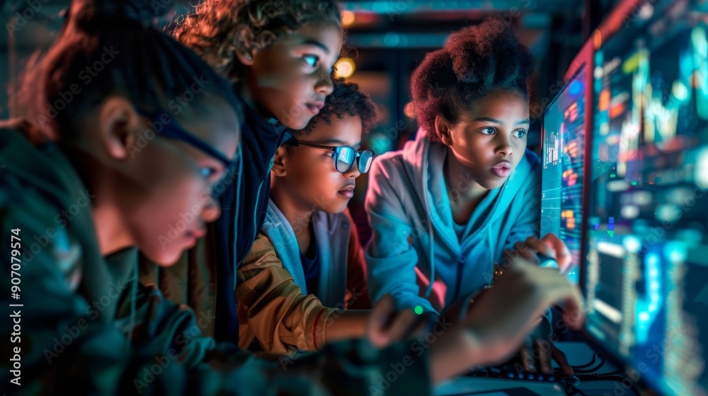 Diverse Group of Children Collaborating on a Technology Project in a Computer Lab Diverse Group of Children Collaborating on a Technology Project in a Computer Lab