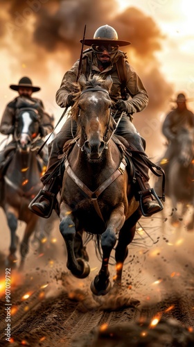 War charge with soldiers on horseback charging into battle, capturing dynamic action, Historical, Earthy tones, Digital painting