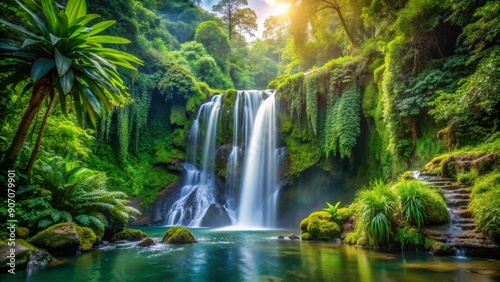 Serene Waterfall in a Lush Jungle, Waterfall, Jungle, Nature, Tropical