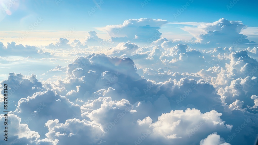 Aerial View of Fluffy Clouds with Sunlight, Clouds, Sky, Nature, Flight Aerial View of Fluffy Clouds with Sunlight, Clouds, Sky, Nature, Flight